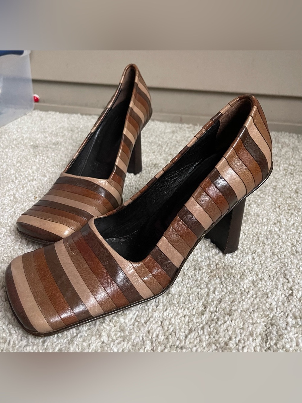 Vintage Hugo Boss Y2K LEATHER Patchwork Square Toe Block Heels RARE Size 6 Brown